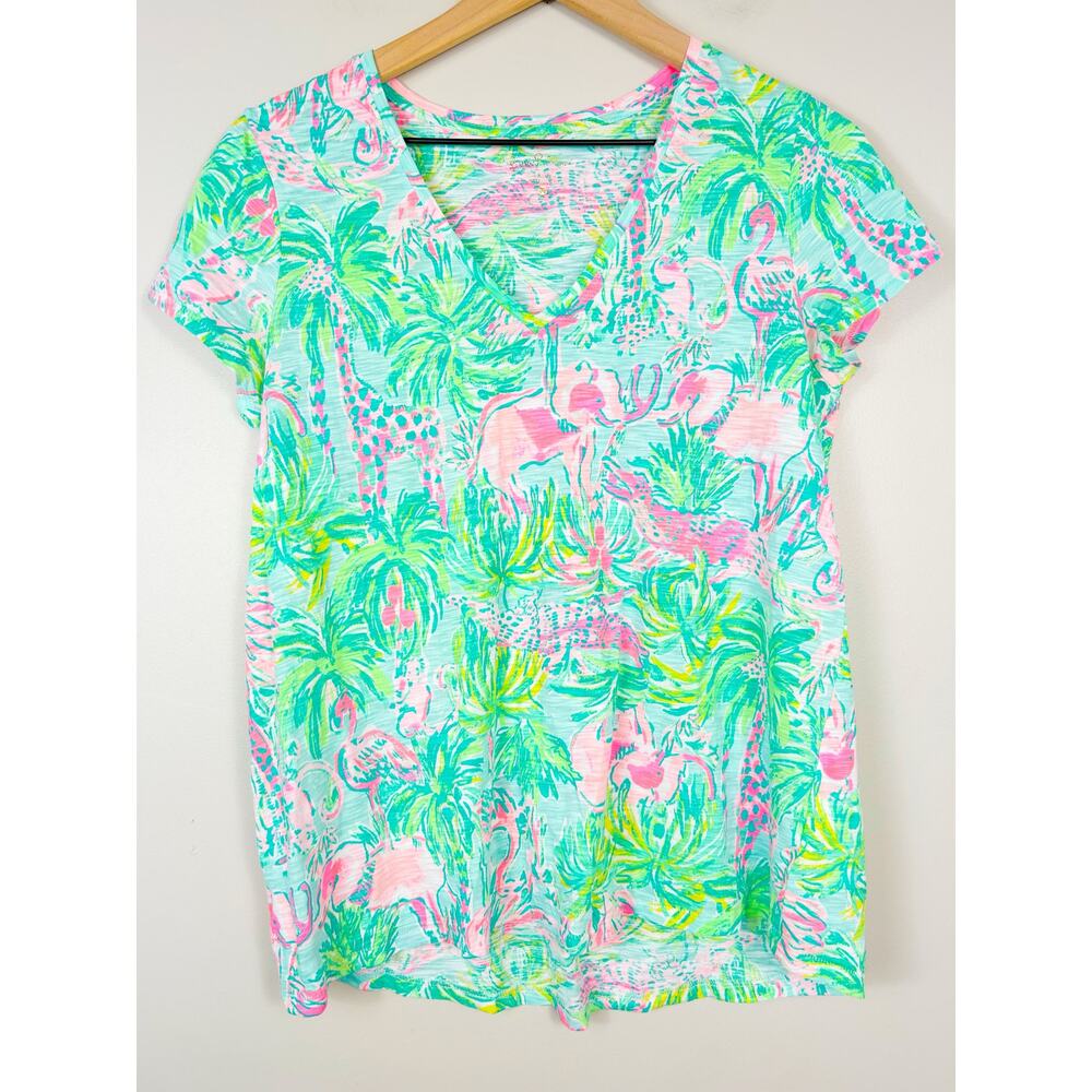 Lilly Pulitzer Etta V-Neck T-shirt On Parade Print Elephant Flamingo Preppy M
